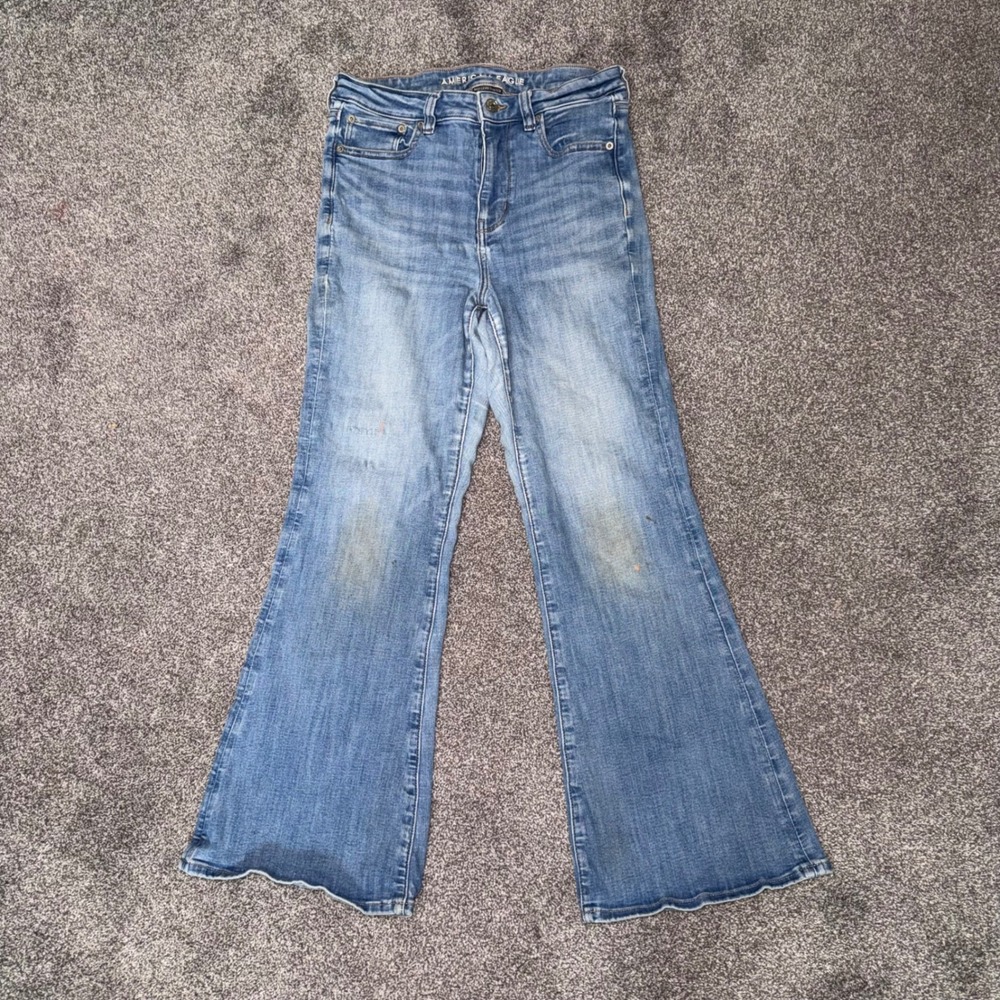 American Eagle Womens Next Level Stretch High-Rise Flare Light Wash Denim Jeans - Picture 1 of 12